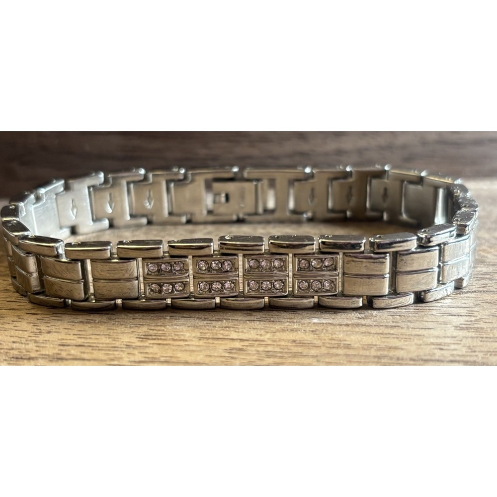 Unisex Silver Tone Rhinestone Link Bracelet 10 mm Wide
